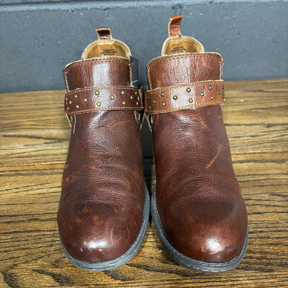 BOC Born Brown Leather Cutout Harness Ankle Boots Studded Western Women’s 10 - Picture 3 of 8